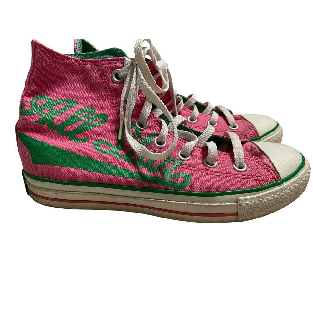 Converse Chuck Taylor All Star High Top Pink Green Script Logo Womens 7 Mens 5